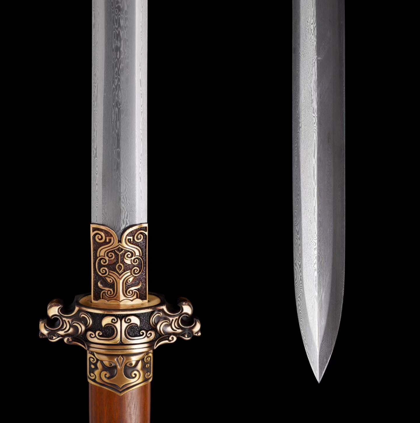 Autumn-Water Tang Sword, Full Tang Construction, Sharp Blade, Forged Damascus Steel, Brass Fittings, Premium Dragon-Phoenix Hardwood Handle And Scabbard, Ancient Chinese Heroic Replica Sword