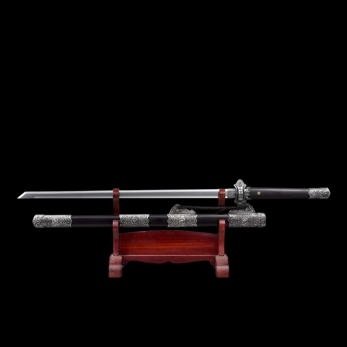 Jin‑Shuang Tang Dao, Full Tang Construction, Sharp Blade, High‑Manganese Steel Blade, Zinc‑Alloy Peony Engraved Fittings, Premium Ebony Wood Handle And Scabbard, Historical Replica Collectible Sword
