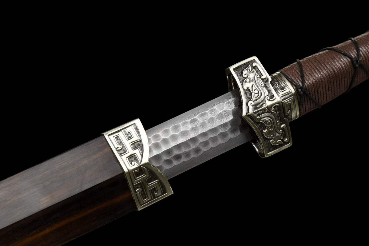 Xuan‑Lan Han Jian, Full Tang Construction, Sharp Blade, Hand‑Forged Stone‑Textured Damascus Steel, Hand‑Carved White‑Copper Fittings, Precious Ebony Wood Scabbard, Historical Collectible Chinese Sword