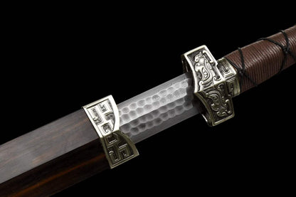 Xuan‑Lan Han Jian, Full Tang Construction, Sharp Blade, Hand‑Forged Stone‑Textured Damascus Steel, Hand‑Carved White‑Copper Fittings, Precious Ebony Wood Scabbard, Historical Collectible Chinese Sword