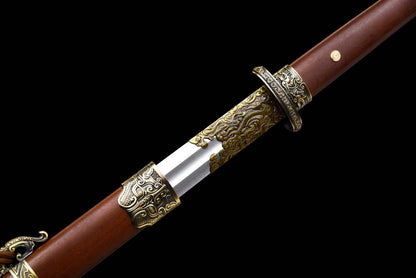 Lock‑Moon Ring‑Pommel Sword, Full Tang Construction, Sharp Blade, High‑Manganese Steel Forged Blade, Premium Dragon‑Phoenix Hardwood Handle And Scabbard, Historical Replica Collectible Sword