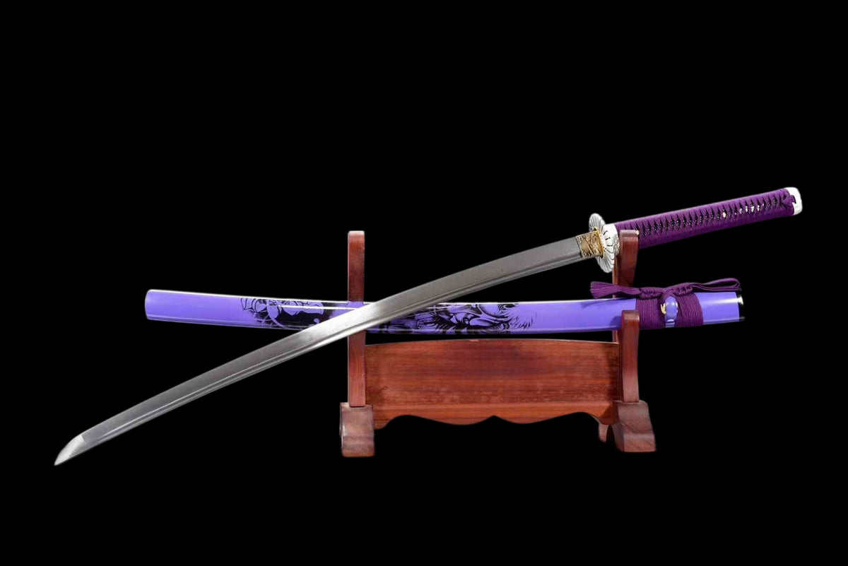Purple Shadow Katana, Full Tang Construction, Forged Damascus Steel Blade, Sharp Edge, Lacquer Painted Solid Wood Scabbard, Collectible Decorative Japanese Sword
