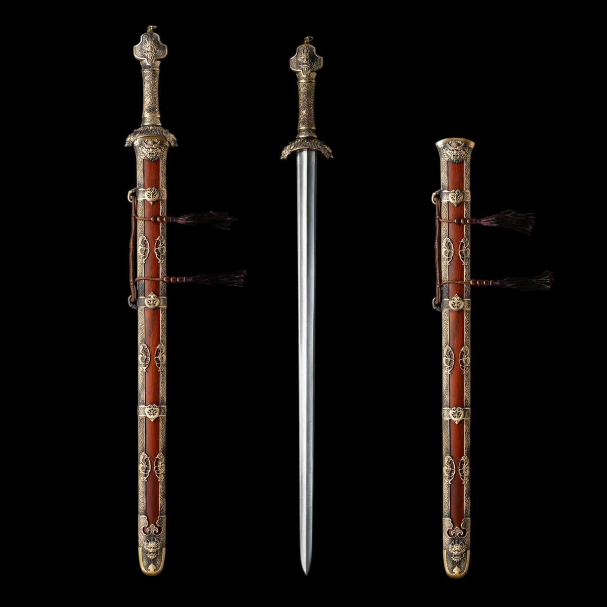 Yu‑Chen Coiled Dragon Jian, Full Tang Construction, Sharp Blade, Hand‑Forged Damascus Steel, Antique‑Finished Solid Copper Fittings, One‑Piece Copper Handle, Dragon‑Phoenix Hardwood Scabbard Wrapped With Full Copper, Historical Collectible Chinese Sword