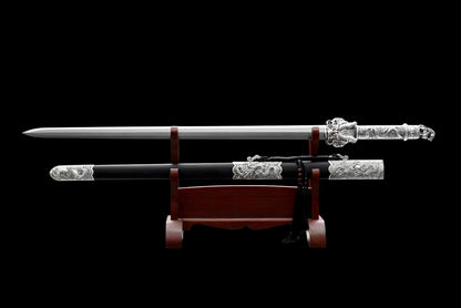 Cang‑Lan Dragon Sovereign Jian, Full Tang Construction, Sharp Blade, High Manganese Steel Octahedral Blade, Alloy Dragon‑Wave Fittings, Premium Ebony Wood Scabbard, Historical Collectible Chinese Sword