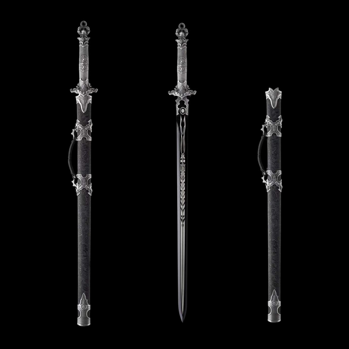 Xuan‑Lin Imperial Qilin Jian, Full Tang Construction, Sharp Blade, Forged High Manganese Steel, Alloy Fittings, One‑Piece Alloy Handle, Solid Wood Artificial Leather Wrapped Scabbard, Historical Collectible Chinese Sword