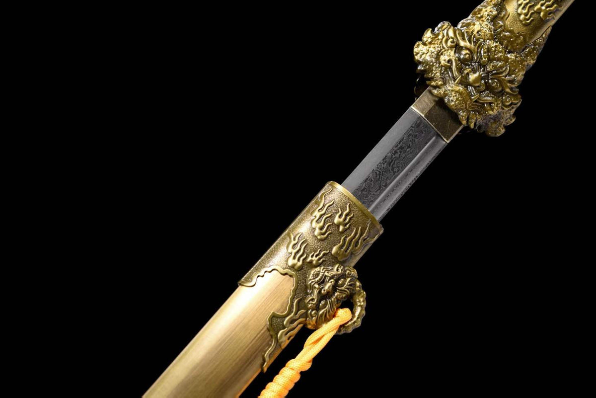 Full Tang Dragon Guardian Saber, Antique Bronze Dragon Alloy Fittings, Damascus Steel Sharp Edge, Antique Bronze Finished Solid Wood Scabbard, Chinese Collectible Sword