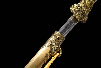 Full Tang Dragon Guardian Saber, Antique Bronze Dragon Alloy Fittings, Damascus Steel Sharp Edge, Antique Bronze Finished Solid Wood Scabbard, Chinese Collectible Sword
