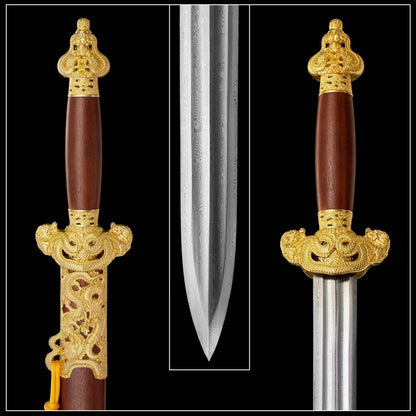 Nine‑Dragon Sword, Full Tang Hand Forged Damascus Steel Chinese Jian, Sharp Blade, Dual Fullers, Alloy Fittings With Gold‑Toned Open‑Work Dragon Ornaments, Dragon‑Phoenix Sandalwood Handle & Scabbard, Historical Collectible Sword