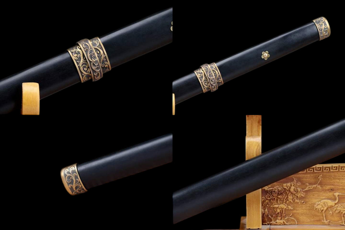 Dark Ink Tang Straight Sword, Full Tang Construction, Sharp Blade, Forged Damascus Steel, Pure Copper Fittings, Premium Ebony Handle & Scabbard, Historical Chinese Collectible Sword