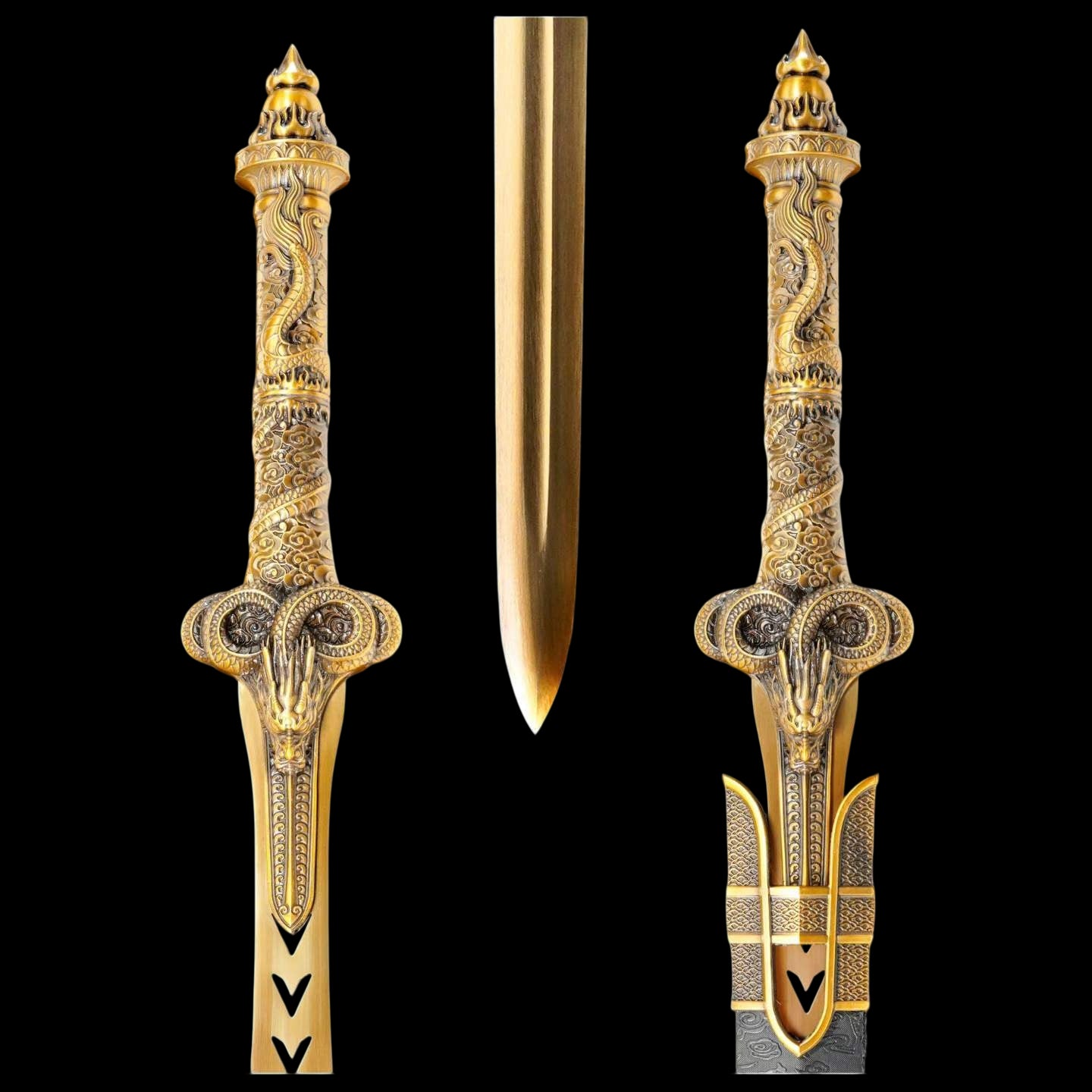 Wandering Dragon Chinese Sword, High‑Manganese Steel Blade, Integrated Alloy Dragon‑Carved Handle, Wood Scabbard Wrapped With Silk, Historical Collectible Sword
