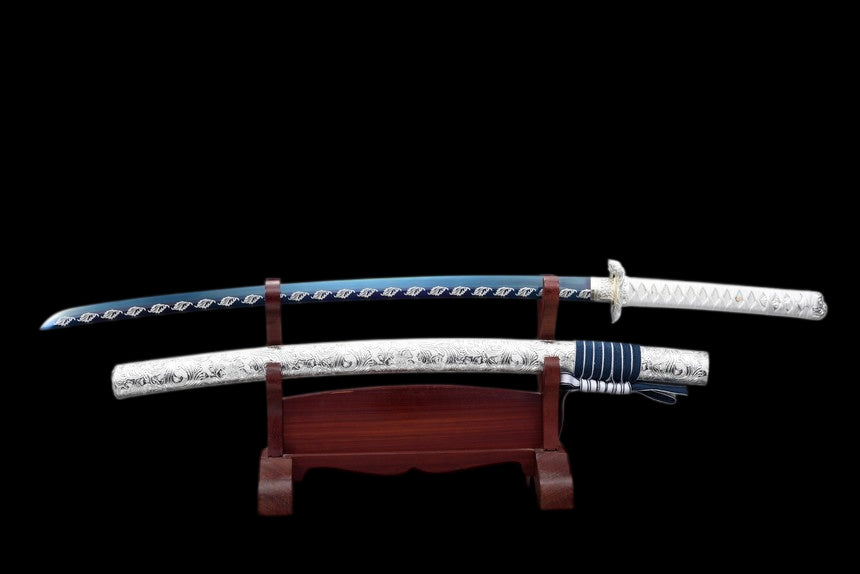 Qinghe Waming Katana, Full Tang Construction, High Manganese Steel Blade, Silver Alloy Lotus & Frog Fittings, Silver Artificial Leather Wrapped Solid Wood Scabbard, Collectible Decorative Sword