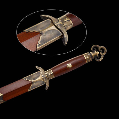 Hanchuan Song Dynasty Chinese Sword, Full Tang Construction, Sharp Blade, Eight‑Sided Forged Damascus Steel, Antique Bronze Cloud‑Pattern Fittings, Premium Dragon‑Phoenix Hardwood Handle And Scabbard, Historical Collectible Sword