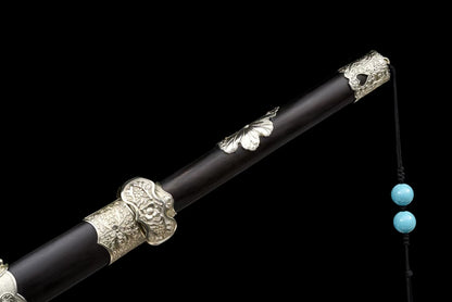 Waist knife T10 covered with clay and burnt blade ebony model丁白缨佩刀一白铜乌木款