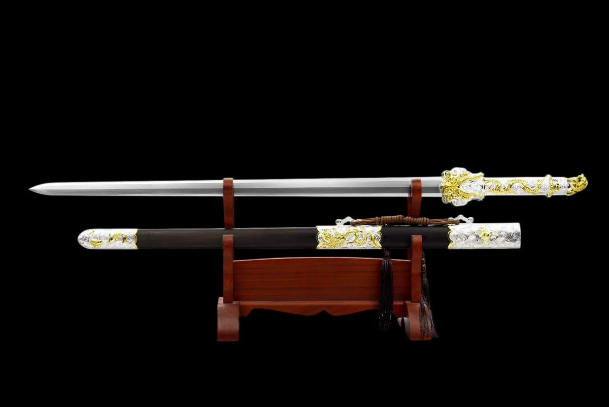Golden Dragon Koi Chinese Jian, Full Tang Construction, High Manganese Steel Blade, Sharp Edge, Alloy Fittings, Premium Ebony Scabbard, Collectible Decorative Chinese Sword