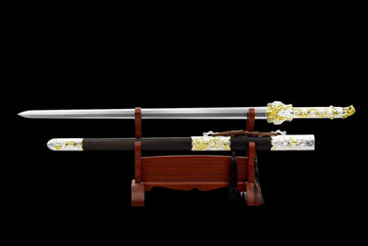 Golden Dragon Koi Chinese Jian, Full Tang Construction, High Manganese Steel Blade, Sharp Edge, Alloy Fittings, Premium Ebony Scabbard, Collectible Decorative Chinese Sword