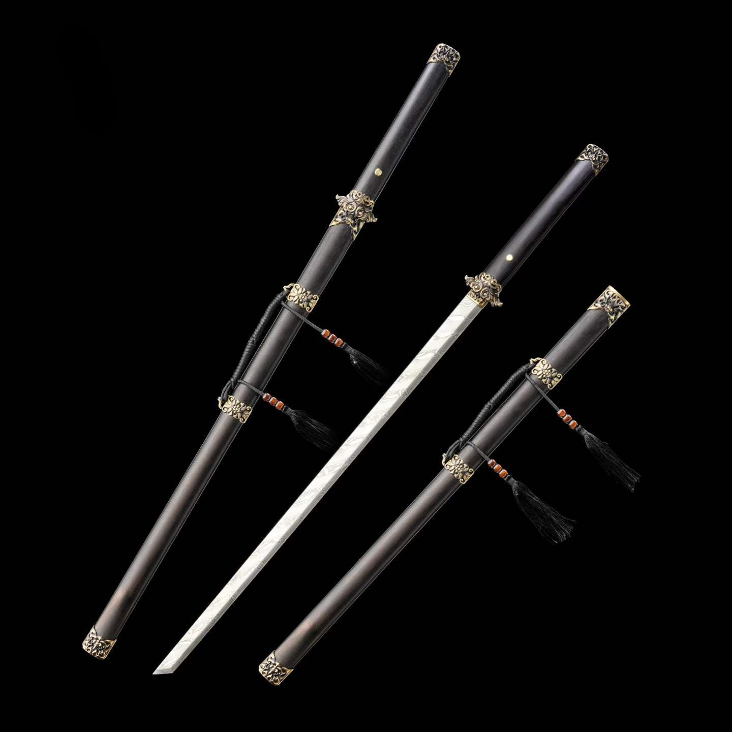 Full Tang Dao Replica, Sharpened Blade, Twist Pattern Damascus Steel Forged, Dragon‑Phoenix Sandalwood Scabbard & Handle, Brass Fittings Collectible Sword