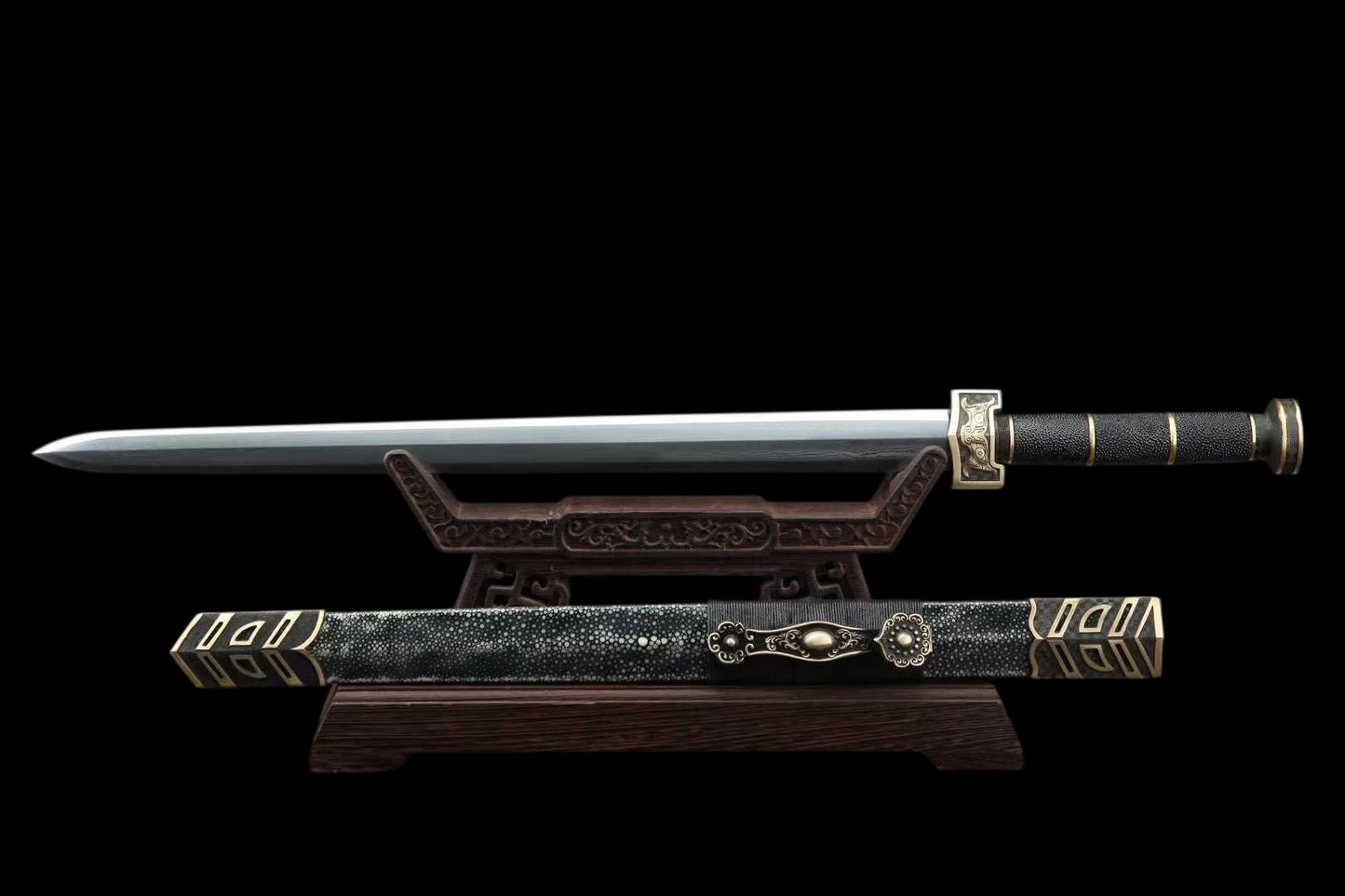 20‑Inch Black Ray‑Skin Ruyi Chinese Jian, Full Tang Construction, Sharp Blade, Hand Forged Damascus Steel Blade, Aged Solid Copper Fittings, Genuine Ray‑Skin Wrapped Scabbard, Historical Replica Collectible Sword