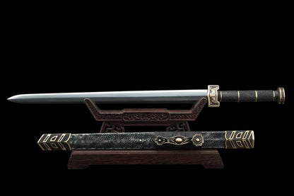 20‑Inch Black Ray‑Skin Ruyi Chinese Jian, Full Tang Construction, Sharp Blade, Hand Forged Damascus Steel Blade, Aged Solid Copper Fittings, Genuine Ray‑Skin Wrapped Scabbard, Historical Replica Collectible Sword