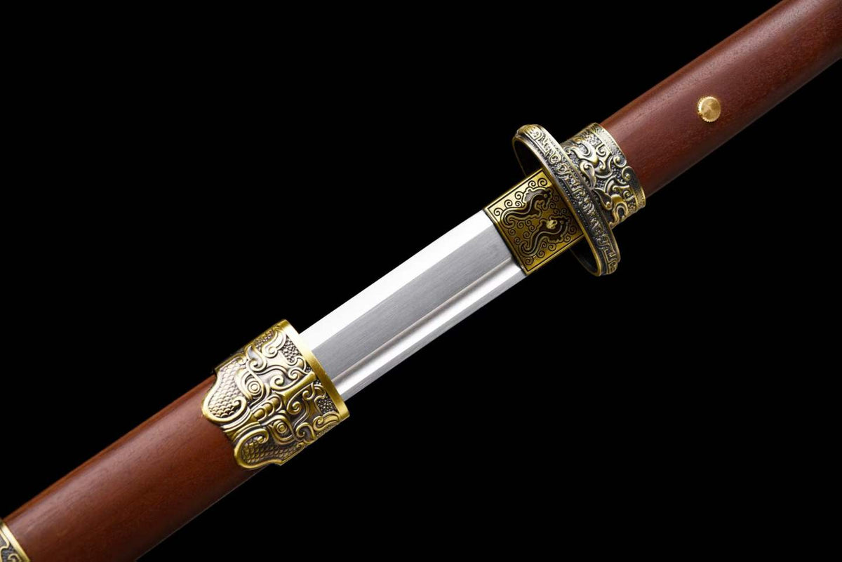 Ring-Pommel Tang Dao, Full Tang Construction, Sharp Blade, Forged High Manganese Steel, Alloy Fittings, Premium Dragon-Phoenix Hardwood Handle & Scabbard, Historical Chinese Collectible Sword