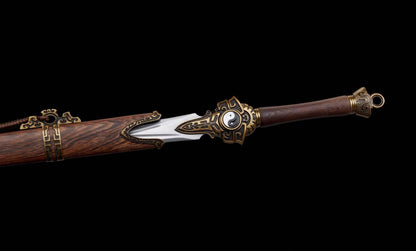 Bagua Chinese Sword, Full Tang Construction, High Manganese Steel Blade, Y-shaped Fuller, Sharp Edge, Rotatable Tai Chi Alloy Fittings, Premium Hainan Huanghuali Wood Scabbard, Collectible Decorative Chinese Sword