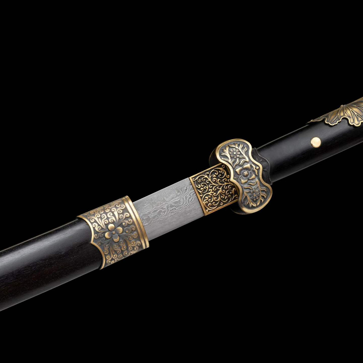 Full Tang Black Ding Baiying Chinese Sword, Forged Damascus Steel Sharp Blade, Brass Engraved Fittings, Dark Dragon Phoenix Sandalwood Scabbard, Wuxia Collectible Sword
