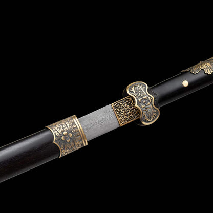 Full Tang Black Ding Baiying Chinese Sword, Forged Damascus Steel Sharp Blade, Brass Engraved Fittings, Dark Dragon Phoenix Sandalwood Scabbard, Wuxia Collectible Sword