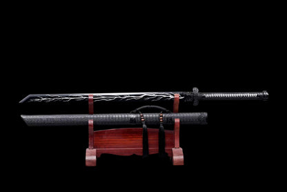 Thunder Tribulation Blade, Full Tang Construction, Forged High Manganese Steel, Sharp Edge, Alloy Fittings, Cord Wrapped Solid Wood Handle, Artificial Leather Wrapped Solid Wood Scabbard, Collectible Decorative Sword