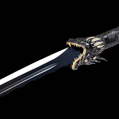 Black Dragon Battle Dao, Full Tang Construction, High Manganese Steel Blade, Alloy Fittings, Artificial Leather Wrapped Solid Wood Scabbard, Collectible Decorative Chinese Sword