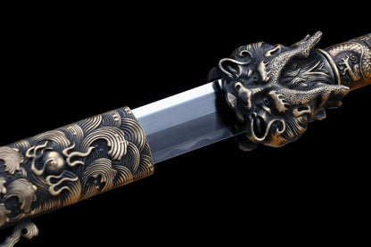 Cang‑Lan Dragon King Sword, Full Tang Construction, T10 Steel Clay‑Tempered Sharp‑Edged Blade, Antique‑Finished Solid Copper Fittings, Premium Ebony Wood Scabbard, Collectible Display Sword