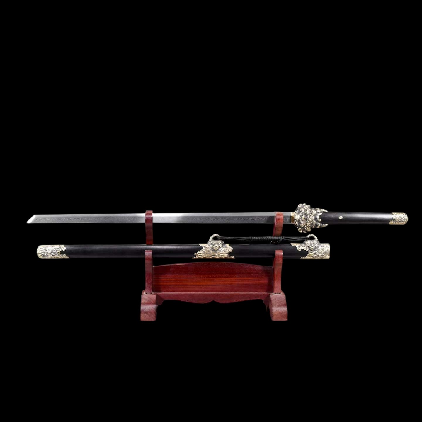 Suanni Tang Dao, Full Tang Construction, Sharp Blade, Damascus Steel Forged Blade, Premium Ebony Wood Handle And Scabbard, Historical Replica Collectible Sword