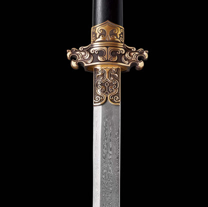 Taotao Ring Pommel Tang Dao, Full Tang Construction, Forged Damascus Steel Blade, Sharp Edge, Brass Taotao Carved Fittings, Premium Dragon Phoenix Rosewood Scabbard & Handle, Collectible Decorative Chinese Sword