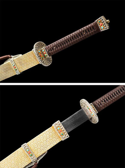 Full Tang Golden Talisman Saber, Hand Carved Two-Tone Copper Fittings, Solid Wood Handle Wrapped with Cord, Damascus Steel Sharp Edge, Pure Copper Wrapped Solid Wood Scabbard, Chinese Collectible Sword
