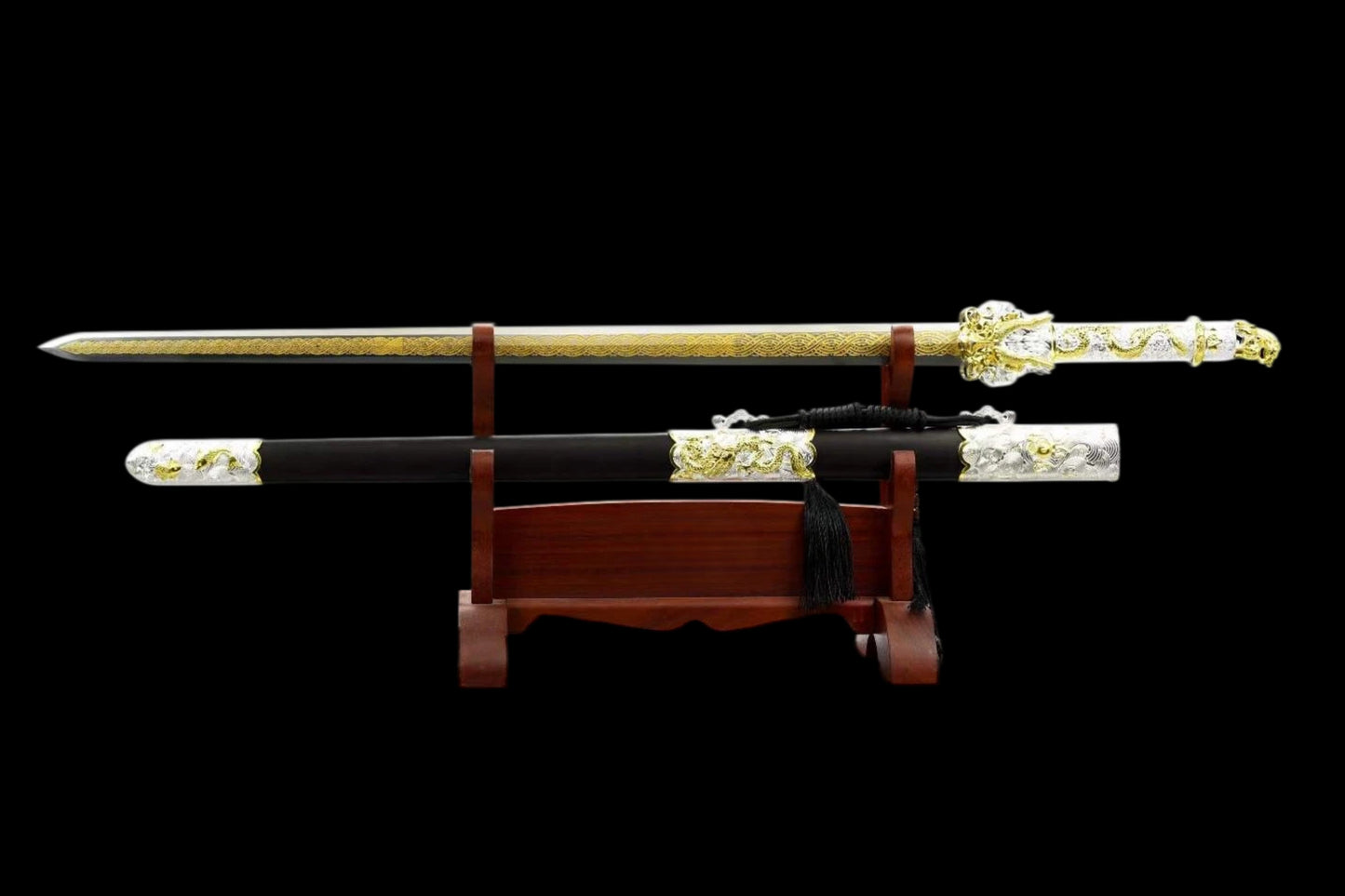 Dragon‑King Chinese Sword, Full Tang Construction, Sharp Blade, High‑Manganese Steel Eight‑Sided Blade With Engraved Gilded Pattern, Zinc Alloy Fittings, Premium Ebony Wood Scabbard, Myth‑Inspired Collectible Sword
