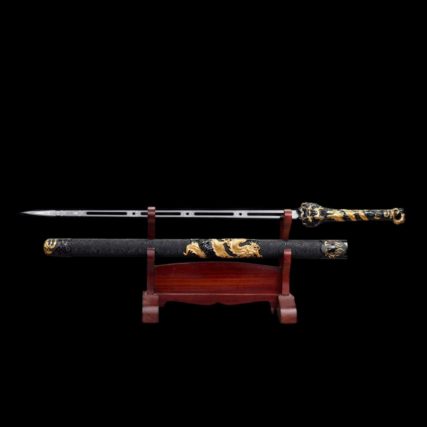 Cang‑Lan Dragon Sky Sword, High‑Manganese Steel Hollow Groove Blade, Full Tang Metal Hilt, Wood Artificial Leather Scabbard Collectible Chinese Sword