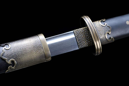Ring Pommel Tang Dao, Full Tang Construction, Sharp Blade, Hand-Forged Damascus Steel Blade With Blood Groove, Zinc Alloy Antique Bronze Fittings, Premium Dragon Phoenix Hardwood Scabbard & Handle, Collectible Historical Chinese Sword