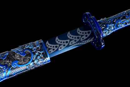 Integrated Full Tang Manganese Steel Forged Blue Surface Pattern Xiu Chun Dao, Metal Handle Solid Wood PU Scabbard Ming Jinyiwei Style Collectible Saber