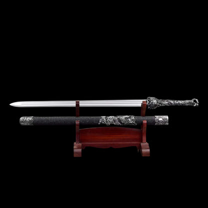 Coiled‑Dragon Ring‑Pommel Jian, Full Tang Construction, Sharp Blade, Forged High‑Manganese Steel Double Fuller Blade, Alloy Dragon‑Carved Fittings, One‑Piece Metal Handle, Solid‑Wood Faux‑Leather Wrapped Scabbard, Historical Chinese Collectible Sword