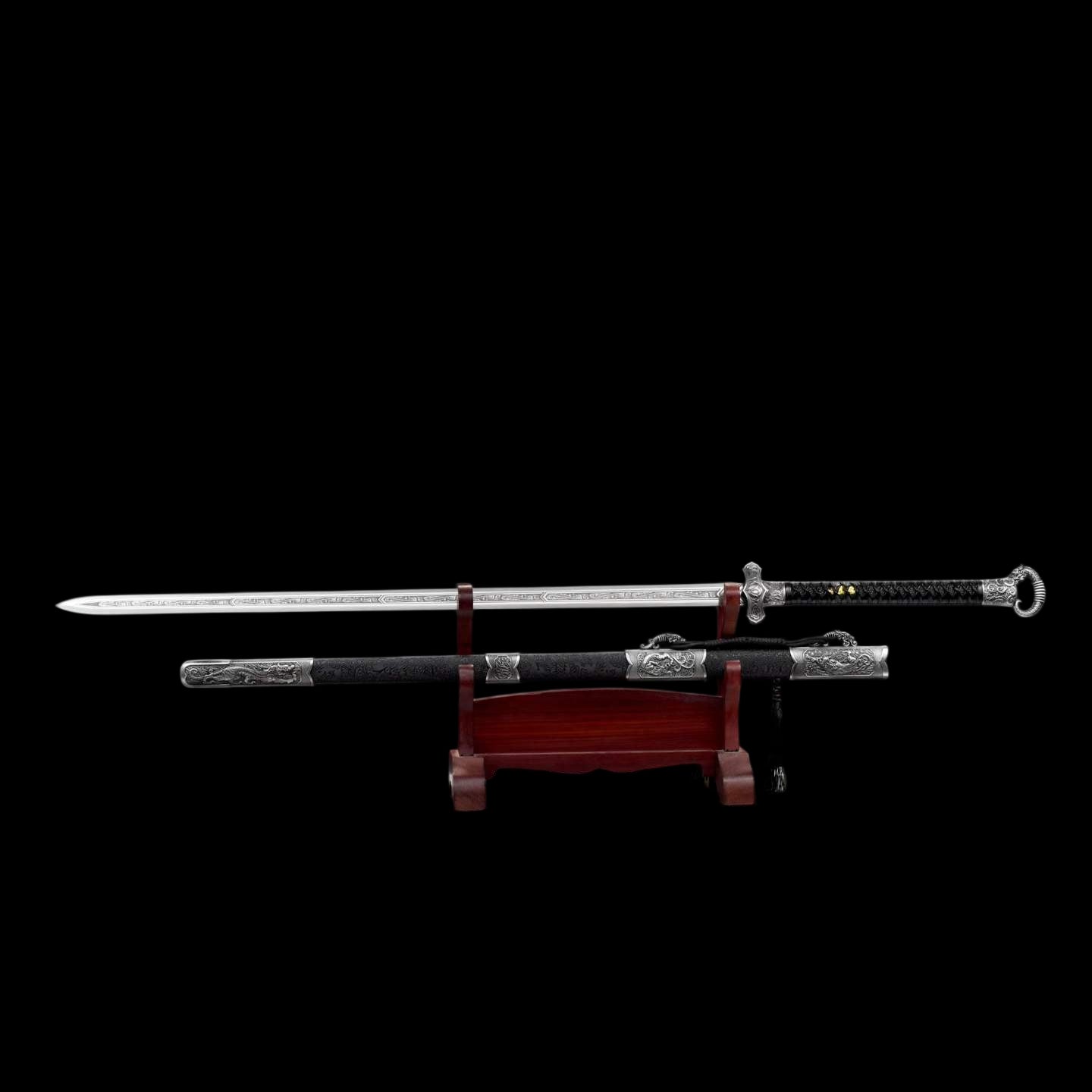 Cold‑Ruins Ring‑Pommel Two‑Handed Chinese Sword, Full Tang, Sharp Blade, High‑Manganese Steel, Alloy Fittings, Wood Handle Wrapped With Leather, Wood Artificial Leather Scabbard Collectible Sword