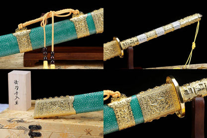 Full Tang Kirin Kangxi Imperial Saber, T10 Steel Clay Tempered Blade, Twin Fullers, Alloy Kirin Fittings, Imitation Ray Skin Wrapped Scabbard, Chinese Collectible Qing Dynasty Sword