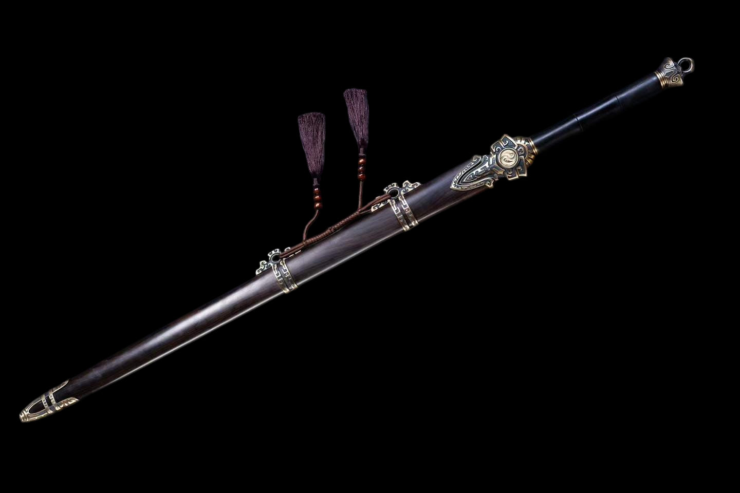 Xuan Heng Sword, Forged Damascus Steel Blade, Pure Copper Fittings, Premium Ebony Wood Handle and Scabbard, Chinese Mythical Taoist Collectible Sword