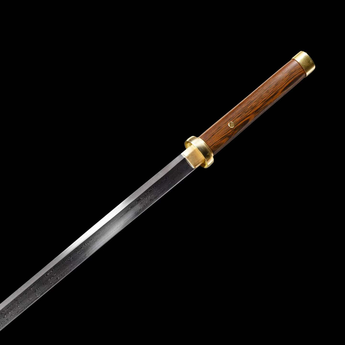 Straight Chinese Tang Dao, Full Tang Construction, Hand-Forged Damascus Steel Blade, Sharp Edge, Hand Polished, Brass Fittings, Premium Wenge Wood Scabbard & Handle, Collectible Chinese Sword