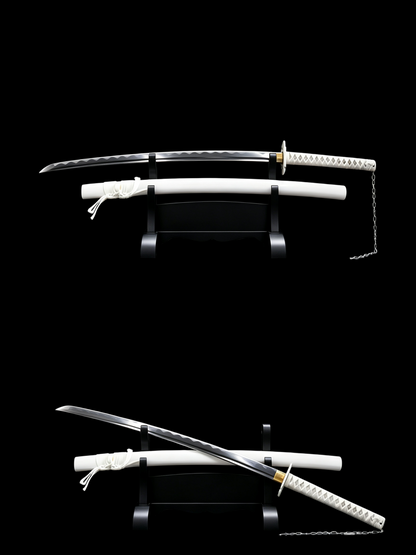 BLEACH Tensa Zangetsu Katana, Ichigo Kurosaki Replica Sword Black & White Version, Full Tang Forged 5160 Spring Steel Sharp Blade, Samurai Sword with Solid Wood Scabbard for Collection Display