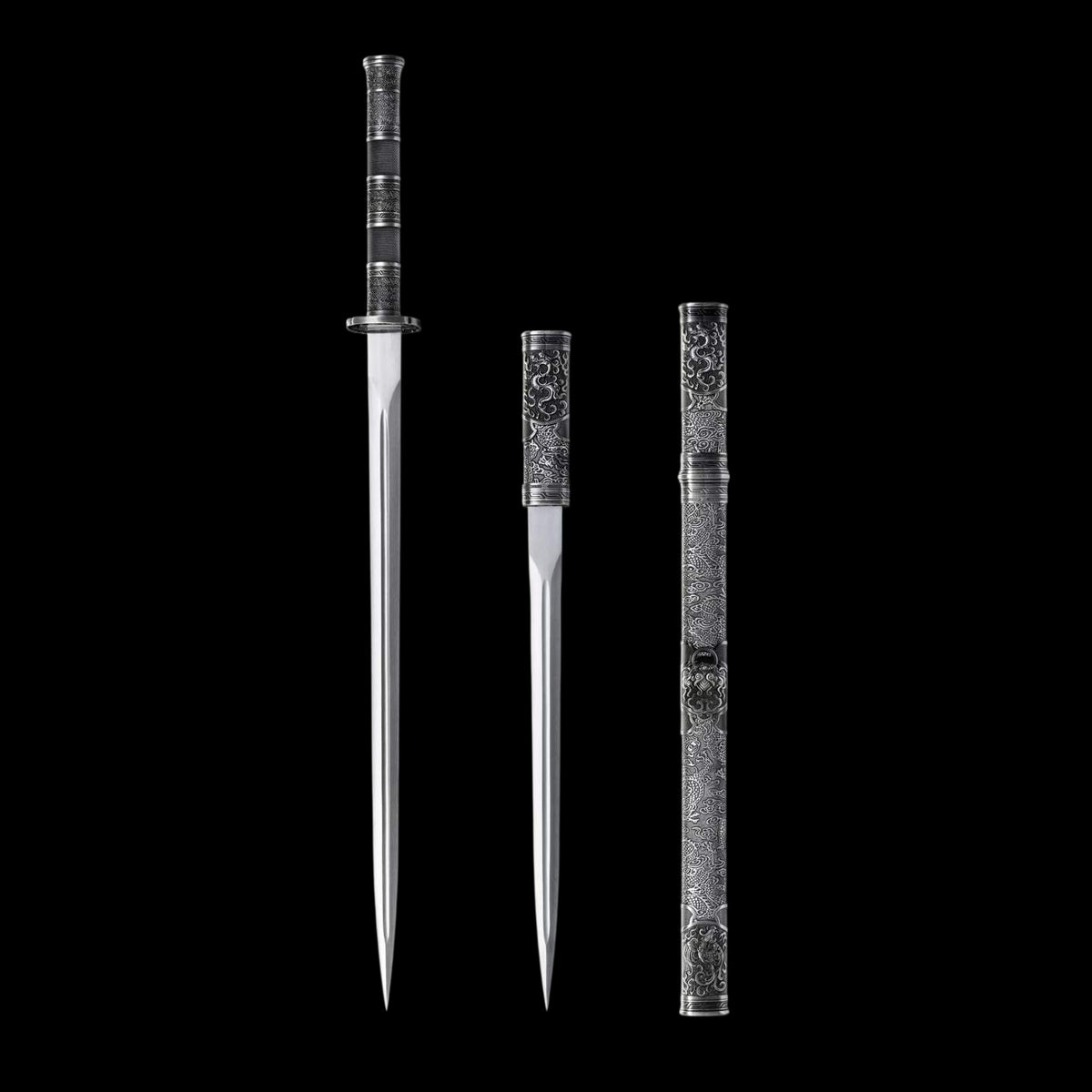 Full Tang Twin Dragon Mother & Son Sword Set, High Manganese Steel Chinese Double Sword, Sharp Blade, Antique Silver Carved Fittings, Decorative Collectible Sword