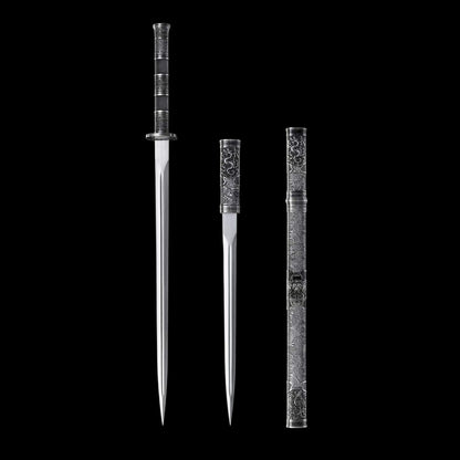 Full Tang Twin Dragon Mother & Son Sword Set, High Manganese Steel Chinese Double Sword, Sharp Blade, Antique Silver Carved Fittings, Decorative Collectible Sword
