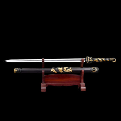 Dragon Theme Chinese Sword, High Manganese Steel Forged, Full Tang, Sharp Blade, Mirror Polished Convex Blade, Ebony Scabbard Collectible Decorative Sword