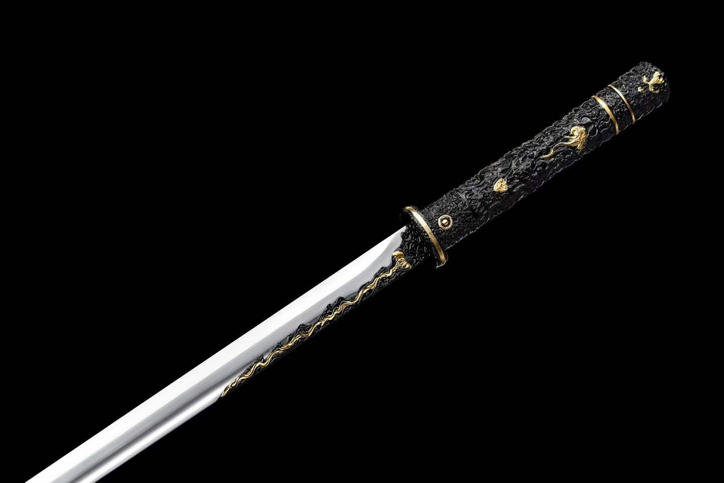 Integrated Full Tang High‑Manganese Steel Tang Straight Dao, Sharp Blade, One‑Piece Metal Handle, Solid Wood Scabbard Black‑Gold Dragon Pattern Ancient Chinese Collectible Sword