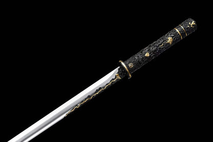Integrated Full Tang High‑Manganese Steel Tang Straight Dao, Sharp Blade, One‑Piece Metal Handle, Solid Wood Scabbard Black‑Gold Dragon Pattern Ancient Chinese Collectible Sword