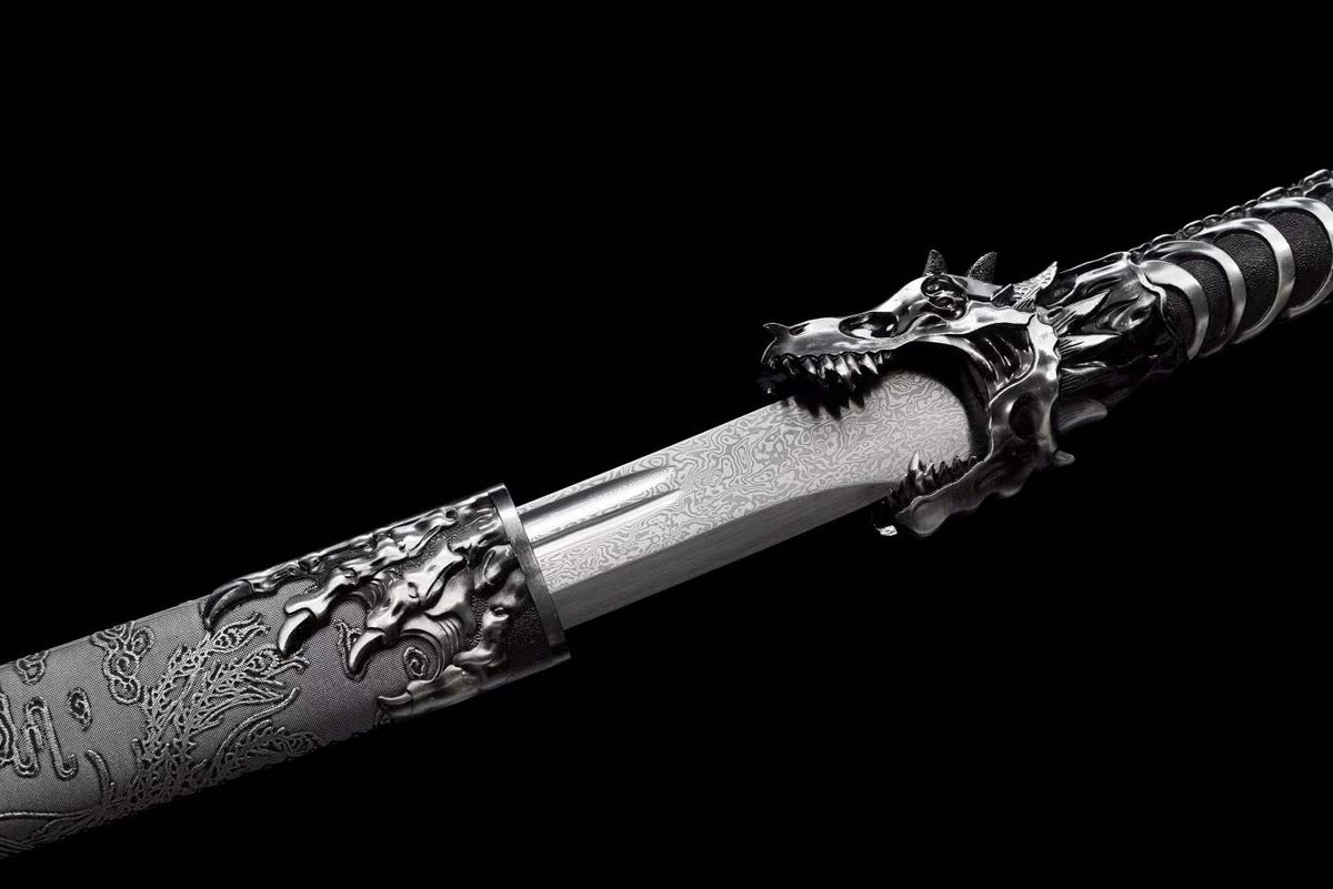 Dragon Roar Mystic Scale, Damascus Steel Forged Blade, Alloy Dragon Fittings, Full Tang Construction, Sharp Edge, Collectible Decorative Sword