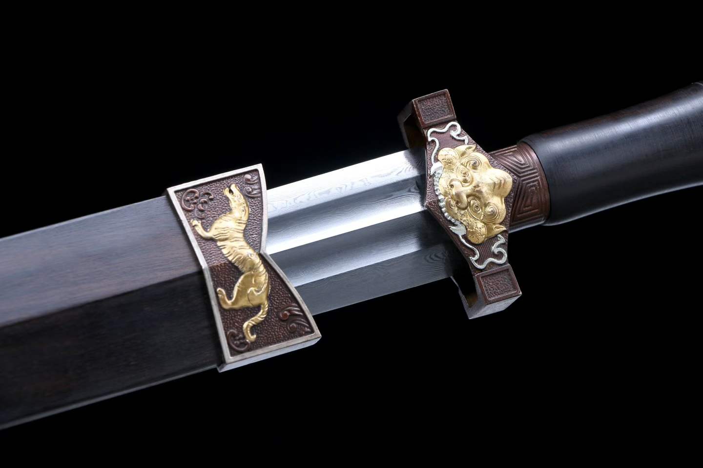 Token Sword, Full Tang, Hand Forged Damascus Steel Chinese Jian, Sharp Blade, Copper Gilt‑Silver Fittings, Ebony Wood Handle & Scabbard, Historical Collectible Sword