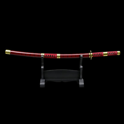 One Piece Zoro Sandai Kitetsu Katana, Full Tang Forged 5160 Spring Steel Sharp Blade Red Flame Pattern Blade, Solid Wood Scabbard Anime Replica Sword for Collection Cosplay Display